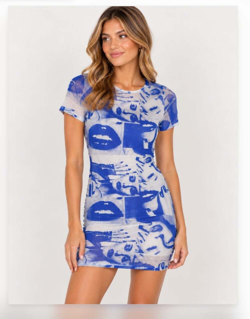Nasty Gal Dress Womens 2 Blue Graphic Print Mesh Short Sleeve Bodycon Mini Party